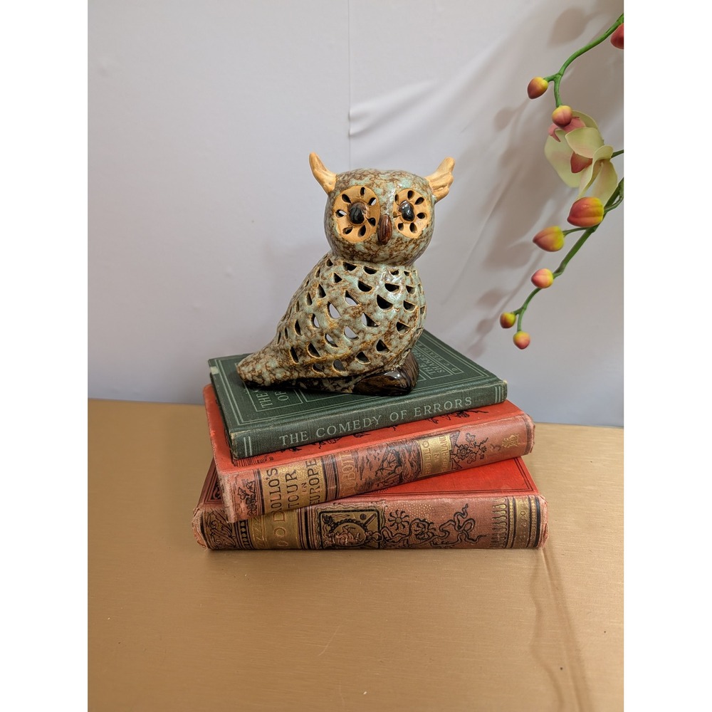 Vintage Ceramic Owl Lantern Teal Green Brown Rustic Hollow Figurine Decor